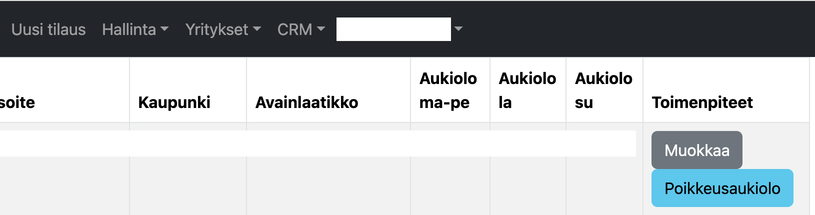 Ote pääkäyttäjän näkymästä, toimipaikkojen aukiolojen hallinta